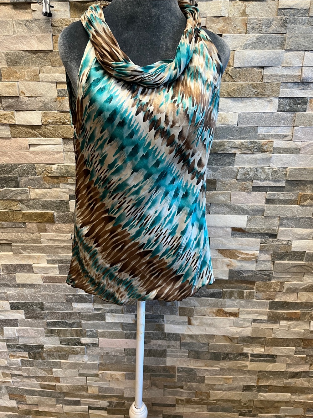 Signature by Larry Levine Teal and Brown Cowl-Neck Sleeveless Blouse